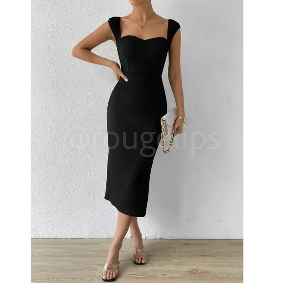 Sweetheart Neckline Decollete Black Pencil Dress Lace Up Back Slit Midi - Picture 2 of 9